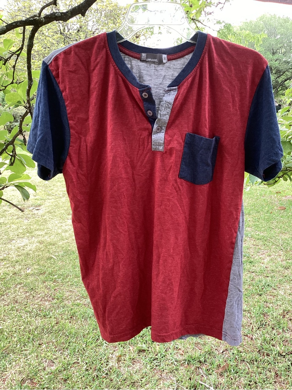 MT Men's Red Henley Tee with Navy and Gray Accents